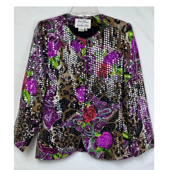 Rickie Freeman For Teri Jones Nites Women's 8 Tan/Purple 100% Silk Sequin Jacket - Picture 1 of 6